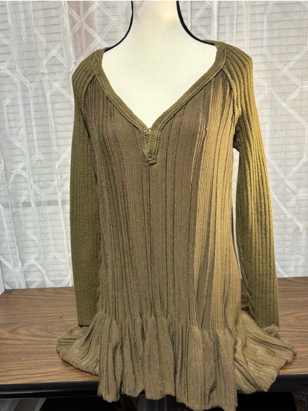 Free People Olive Green Ribbed Knit Peplum Sweater Dress